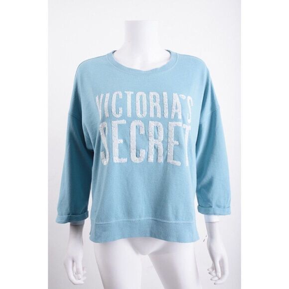 Victorias Secret Womens Sweatshirt Blue White Sequin Spellout Logo M Medium - Picture 1 of 6